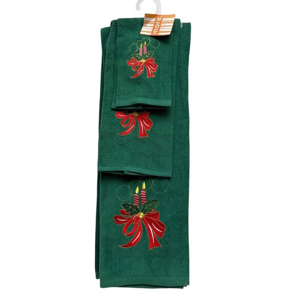 Holiday Towels Bath Set of Three Green Embroidered Bow Holly Candlestick Motif - Picture 1 of 10